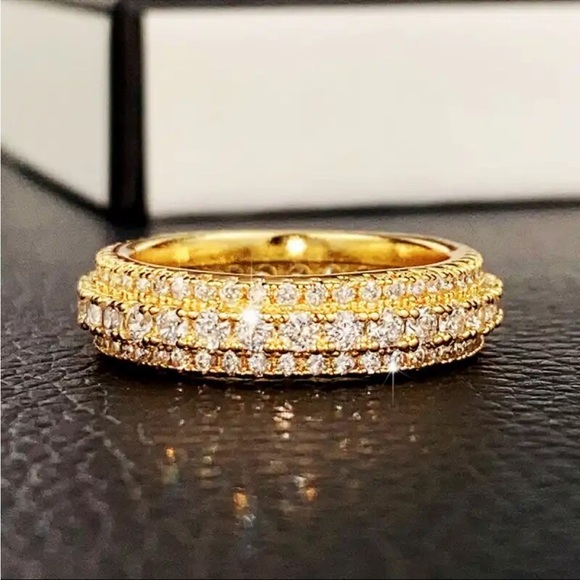 Jewelry - New 18K Gold Plated Unisex Full Paved Dazzling Diamond Engagement Band Ring